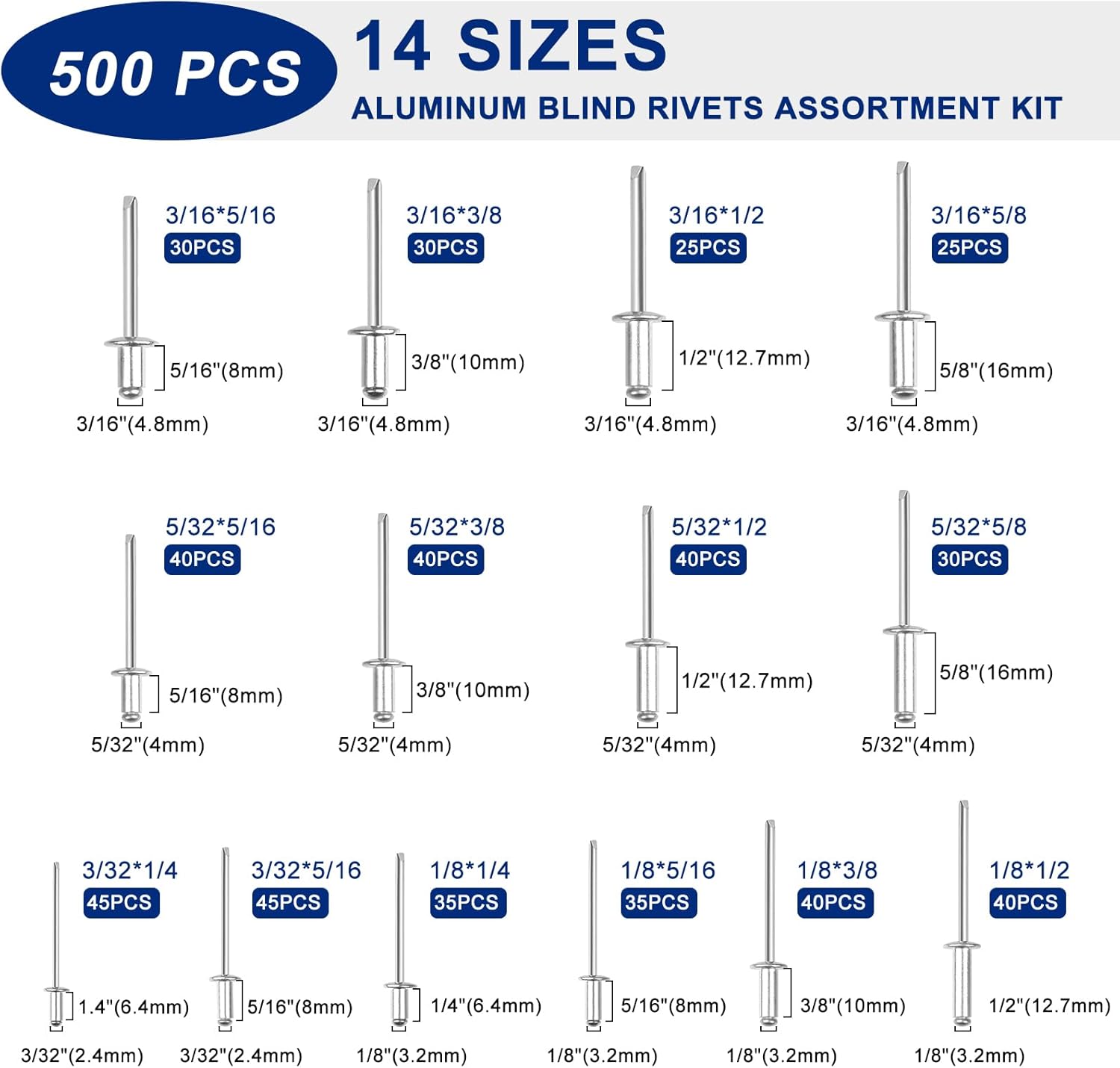 Pop Rivets Assortment Kit, 14 Sizes Aluminum Blind Rivets L5394