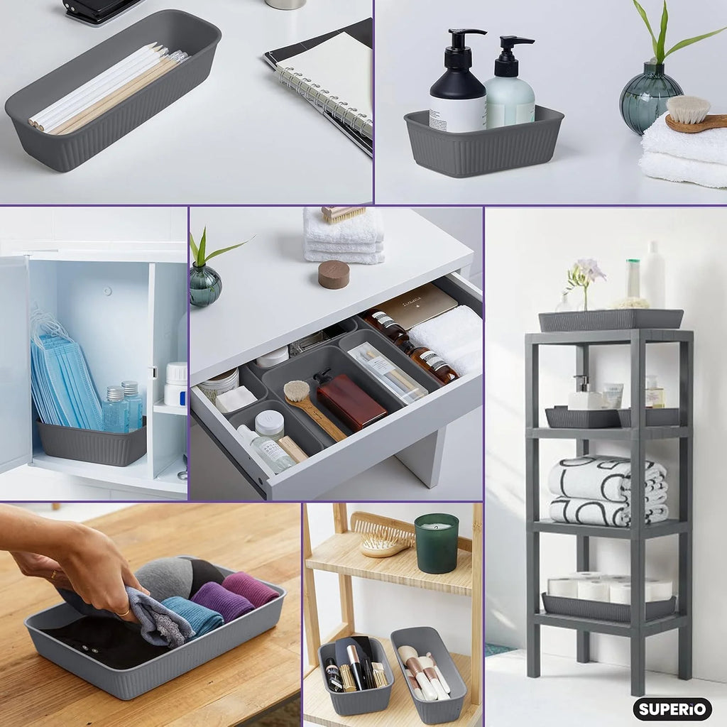 Plastic Desk Drawer Organizer Tray, Grey, Set of 4 P746
