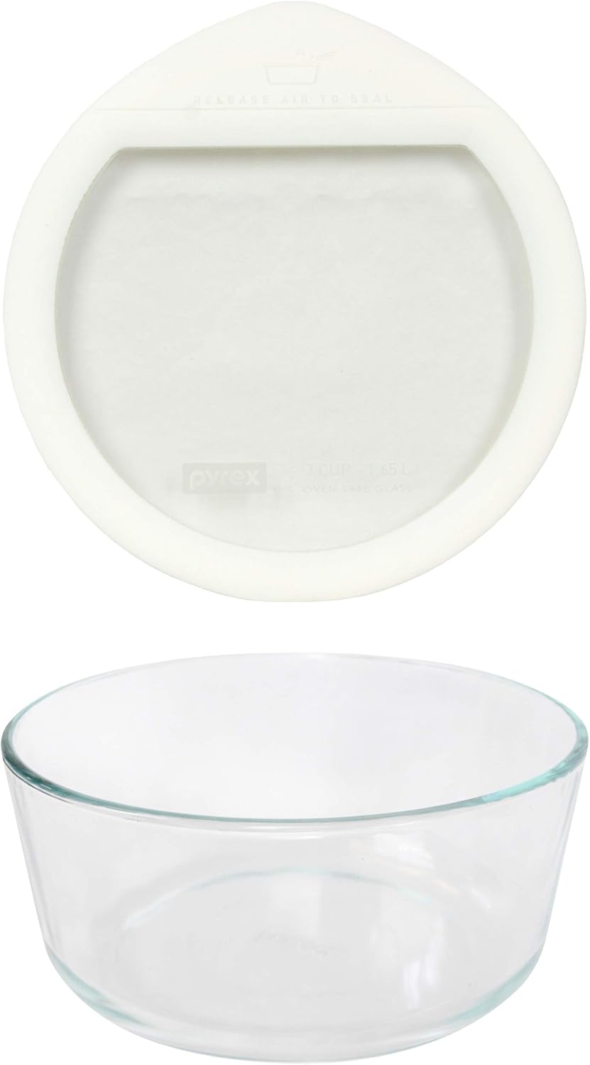 Pyrex 7203 7-Cup Clear Glass Storage Bowl OV-7402 Glass with White Silicone Rim Lid