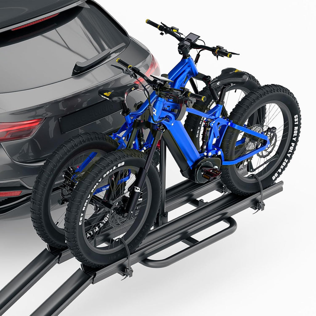 2 EBike Rack with Ramp, up to 4" Fat Tire Carrier, 200 LBS Capacity Electric Bicycles Racks, Lockable & Foldable Bike Racks Platform for Standard, Fits 2" Hitch for SUVs Cars Trucks Vans