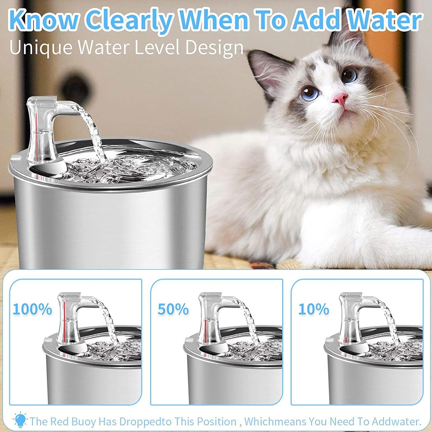 Stainless Steel Pet Water Fountain, 2L, Adjustable Flow, Quiet D510