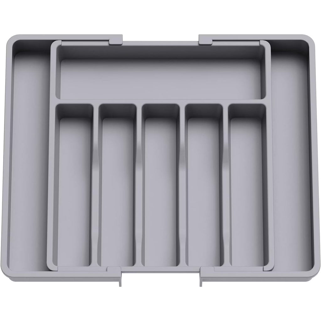 Silverware Drawer Organizer, Expandable Utensil Tray for Kitchen, BPA Free Flatware and Cutlery Holder, Adjustable Plastic Storage for Spoons Forks Knives, Large, Grey