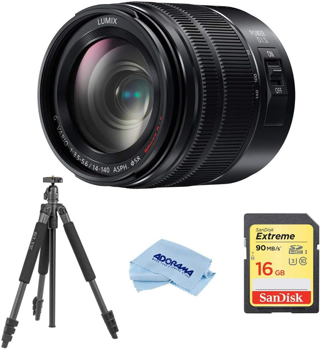 Panasonic Lumix G Vario 14-140mm Telephoto Zoom Lens with F3.5-5.6 II ASPH, Mirrorless Micro Four Thirds, Power O.I.S. - H-FSA14140 (Upgraded) Bundle with Slik Sprint Pro II Tripod, 16GB SD Card