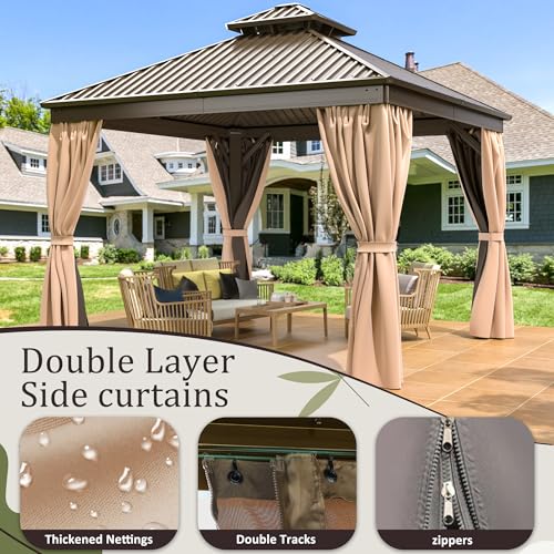 10x12 FT Hardtop Gazebo with Nettings and Curtains L4144