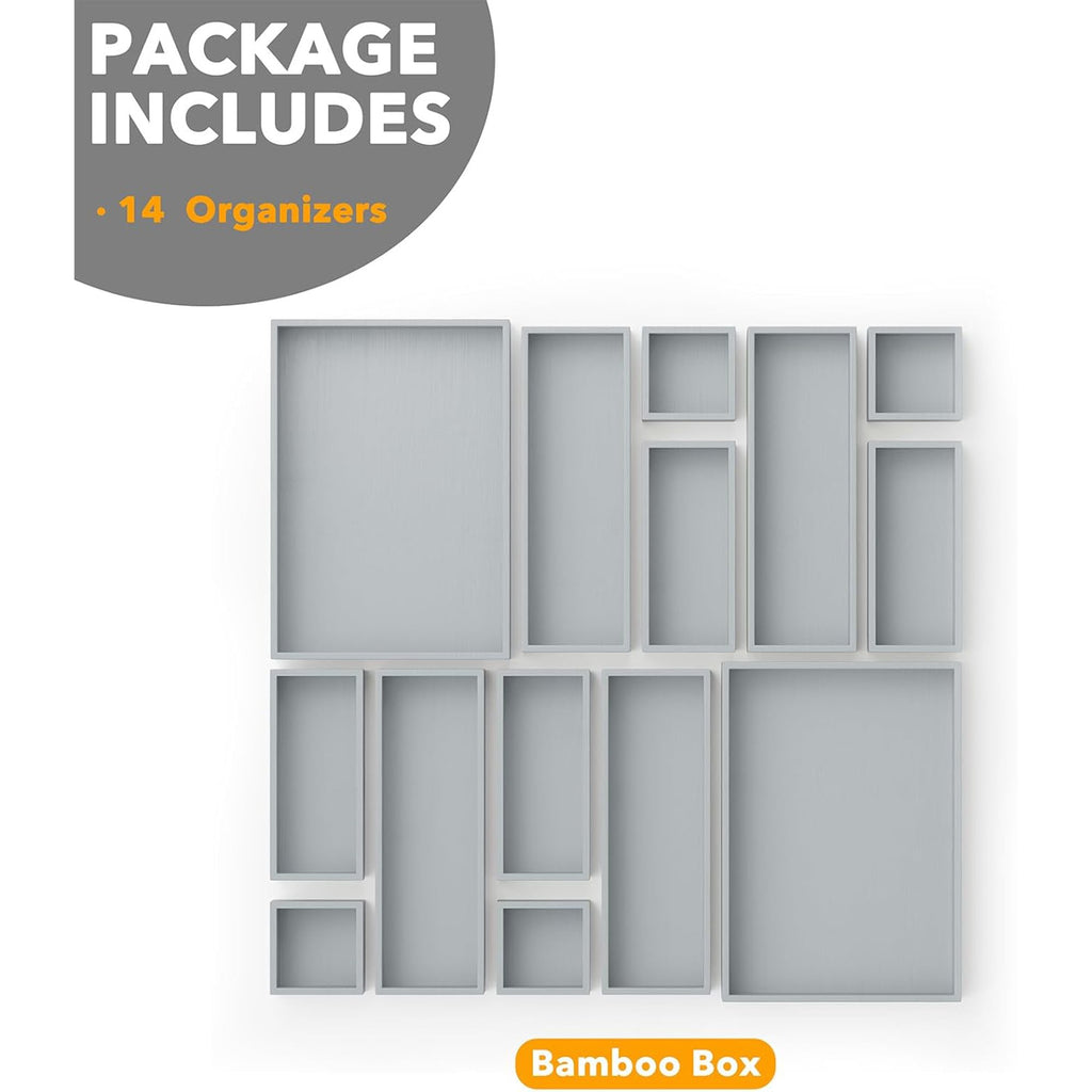 Bamboo Drawer Organizer Storage Boxes Set, 14-Piece Wood Tray with Divider Bins Z73397