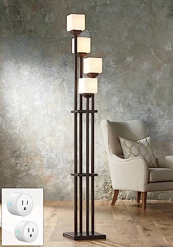 Franklin Iron Works Light Tree Rustic Farmhouse Torchiere Floor Lamp Standing 72 1/2" Tall Bronze Iron 4-Light Square-Sided White Glass Shades Living Room Reading Bedroom Office House Home Decor