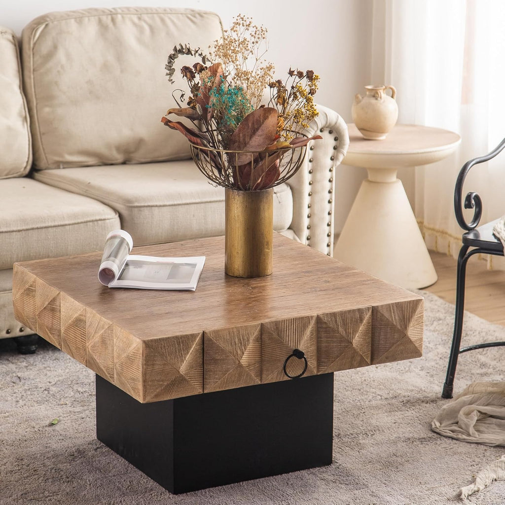 SSLine Square Coffee Table,32" Vintage Solid Wood Center Table with 2 Drawers Storage Space,Rustic Embossed Pattern Cocktail Table Center Large Circle Coffee Table for Living Room Home