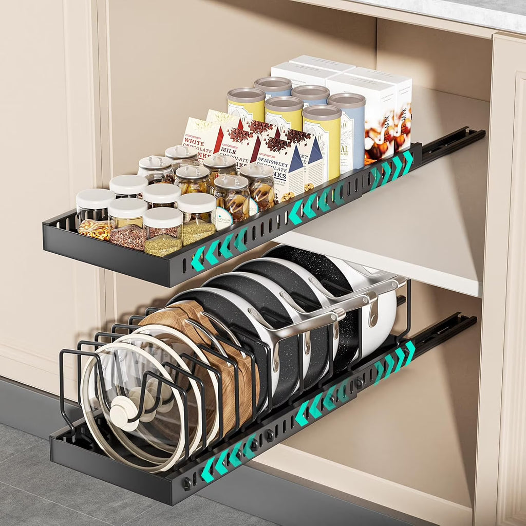 2 Pack Pots and Pans Organizer Under Cabinet, Expandable Pull Out Cabinet Organizer with 10 Adjustable Dividers, Slide Out Pot and Pan Holder for Kitchen Drawers