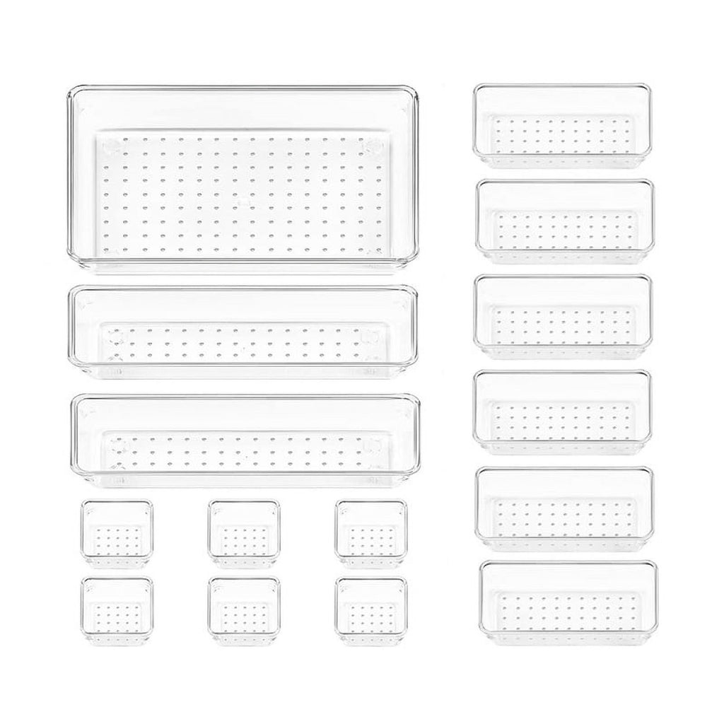 15PCS Clear Plastic Drawer Organizer Set 4-Size Versatile Bathroom and Vanity Trays Storage Bins
