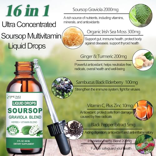 Soursop Graviola Liquid Drops with Sea Moss, Elderberry, Vitamin C and Zinc, Immune Support, 2 Fl Oz C88618