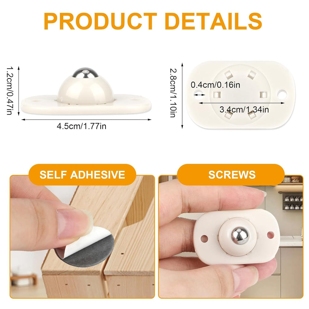 Self-Adhesive Mini Caster Wheels, 360° Swivel Sticky Pulleys for Small Furniture, White T2605