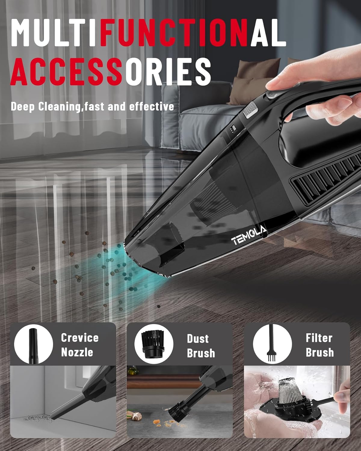 Handheld Vacuum Cordless, Car Vacuum Cleaner with Brushless Motor 12000Pa, HEPA Filter R214