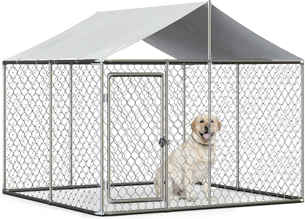 Heavy Duty Dog Cage Outdoor Dog Kennels Outside Pet Playpen for Dogs Outdoor Dog House with Water-Resistant Cover for Back or Front Yard (Silver, 90"x90"x63")