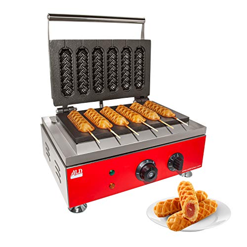 ALDKitchen Waffle Dog Maker | Corn Dog Maker with Red Panel for Business | Stainless Steel | Waffles on a Stick | 110V (5 Waffles)