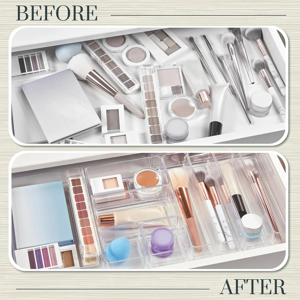 Stackable transparent drawer organizer set with multi-size trays F506863