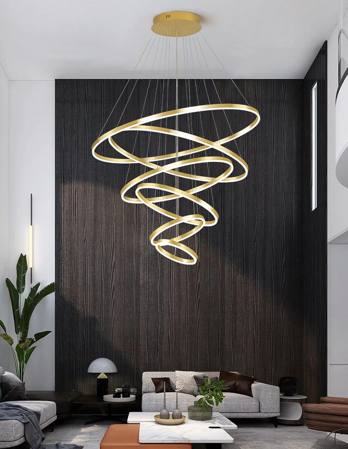 Modern LED Chandelier 6 Rings Gold with Remote Control for High Ceiling E67078