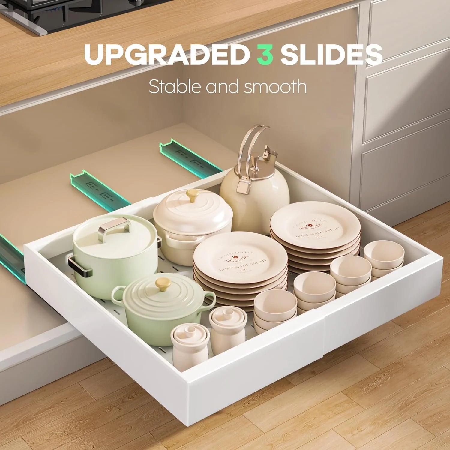 Pull Out Cabinet Organizer 21D with Raising Pad, Expandable Slide Out Drawers for Kitchen Cabinets C3894