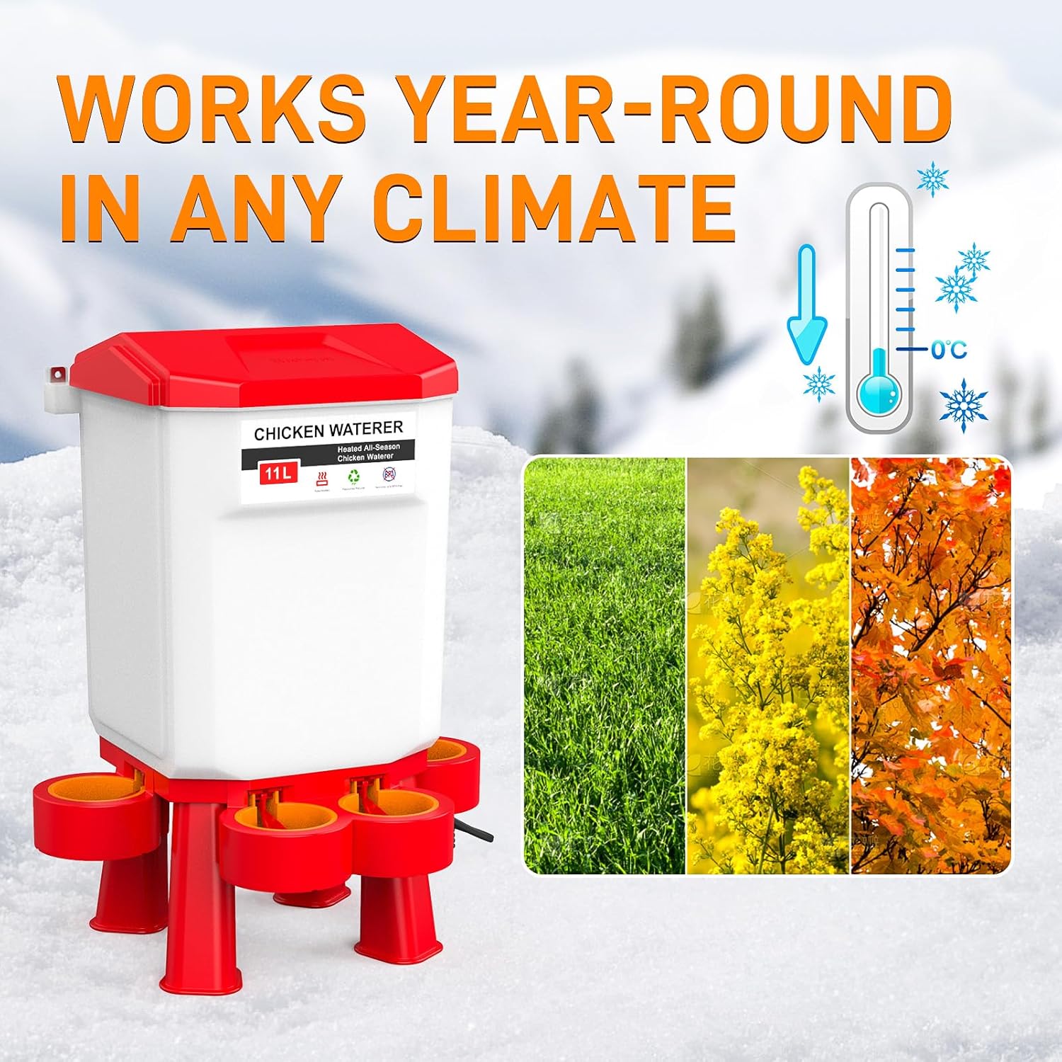 Heated Poultry Waterer, Thermostatically Controlled 11L Plastic Hanging Chicken Waterer L70743