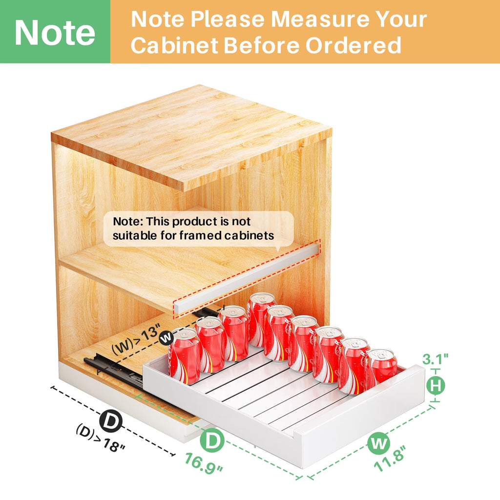 Kitchen Cabinet Organizer Pull Out Drawer, Full Extension Slide Out Shelf with Nano Adhesive, No Drill Storage Solution for Frameless Cabinets, White