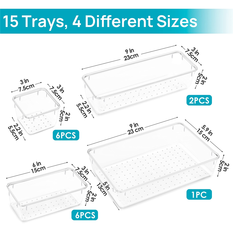 Clear Plastic Drawer Organizer Set 4-Size Bathroom Vanity Trays A87020