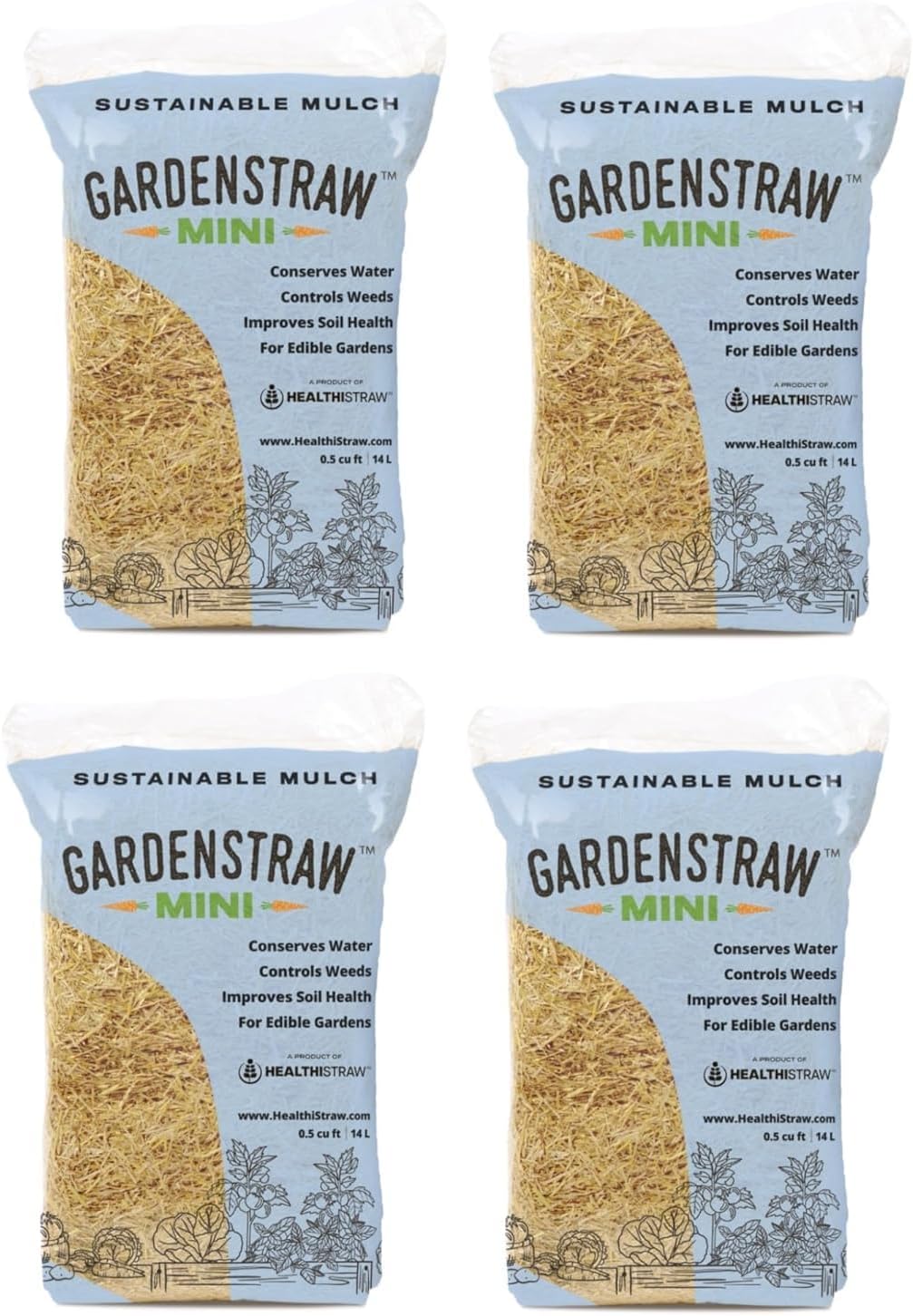 GardenStraw Mini, 0.5 cu ft (4 Pk) All-Natural Mulch for Vibrant Gardens, Vegetables, Lawn Seeding - Water-Conserving, Sustainably Sourced Weed-Suppressing Wheat Straw, Thoroughly Clean