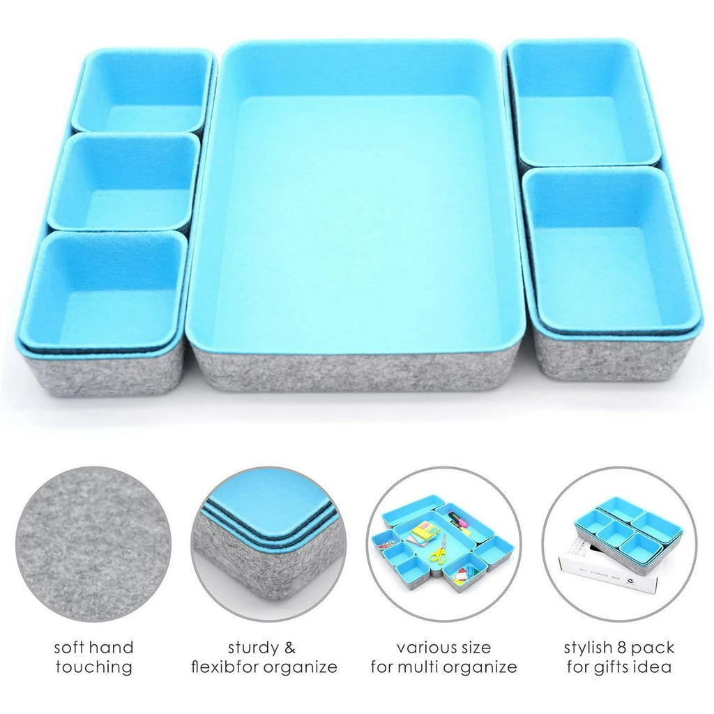 Felt drawer organizer trays for desk storage, 8-piece set in glacier gray H2147