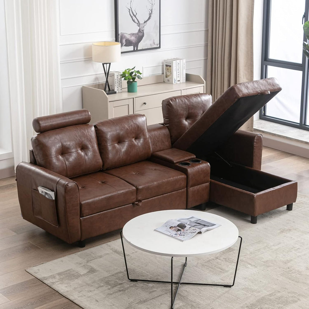 89" Sectional Storage Sofa, L Shaped Couch with Cup Holders & Adjustable Headrest, 3 Seat for Living Room C4164