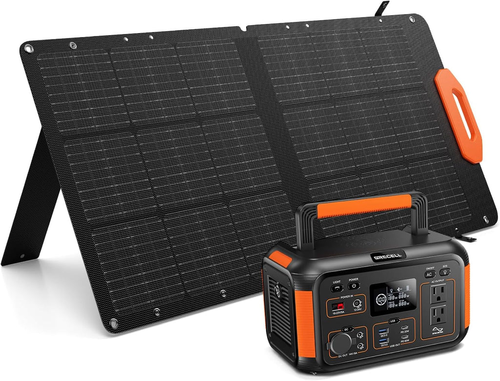 GRECELL Portable Solar Generator 500W with Solar Panel 100W, Portable Power Station 500W AC Outlet, Portable Solar Panel 21.5V 5.5A for Home Use Outdoor Camping Backup Emergency