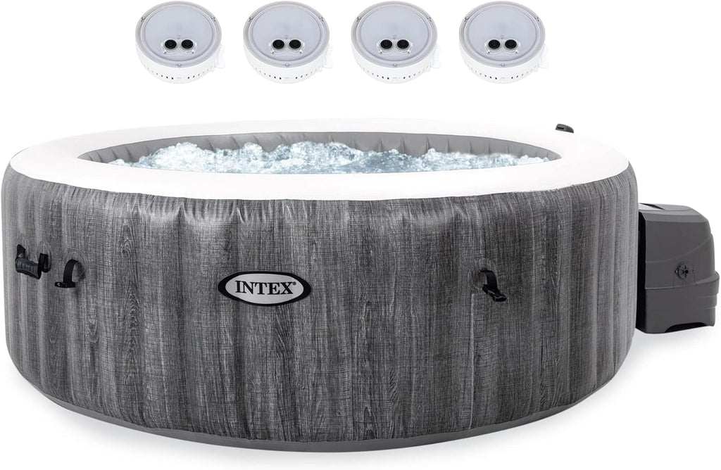 Intex 28439EP PureSpa Plus Greywood Inflatable Hot Tub Bubble Jet Spa with 4 Battery Powered Submersible Multi-Colored LED Lights