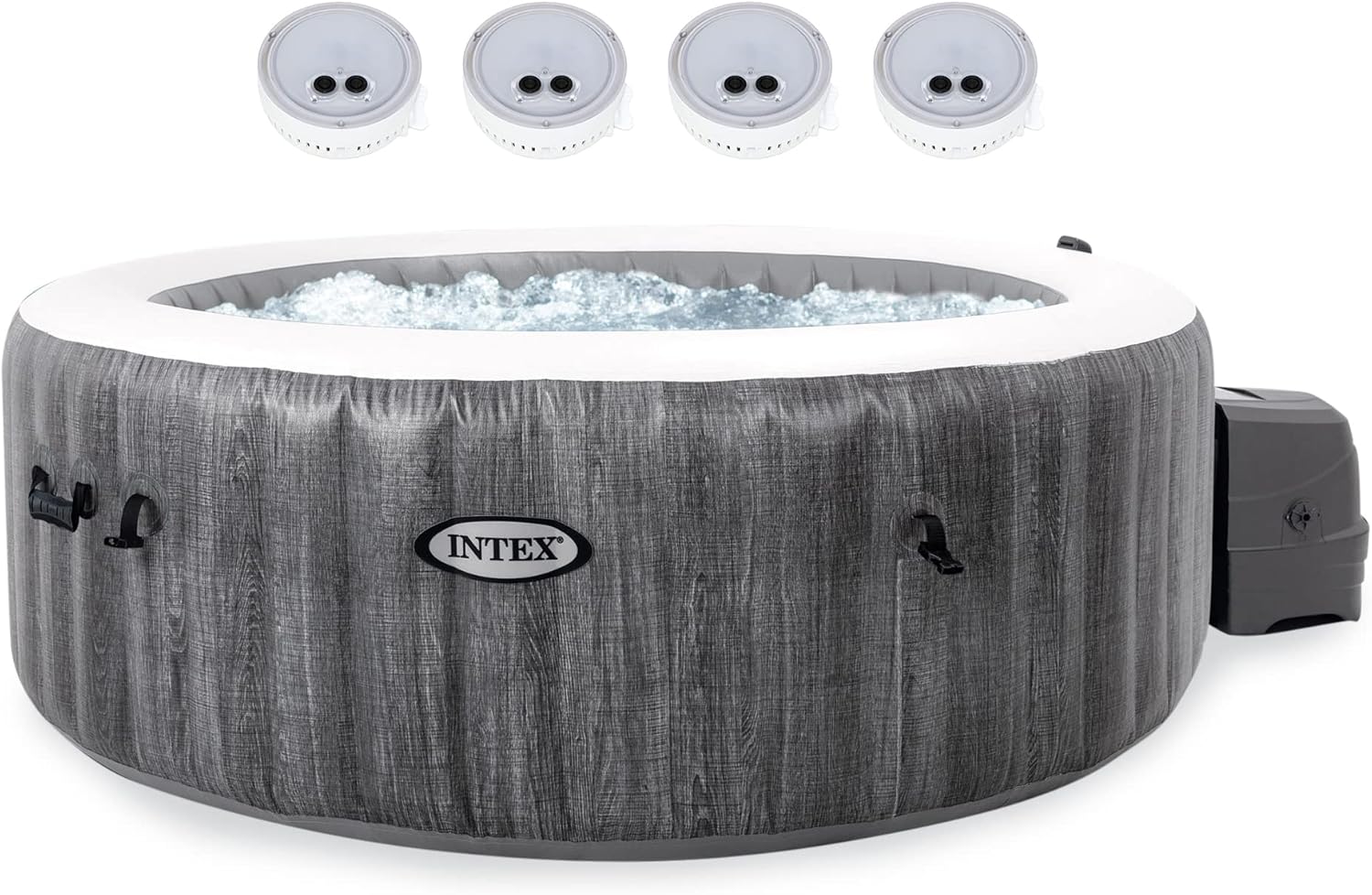Intex 28439EP PureSpa Plus Greywood Inflatable Hot Tub Bubble Jet Spa with 4 Battery Powered Submersible Multi-Colored LED Lights