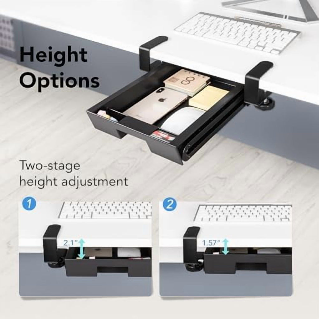 Under Desk Slide-Out Storage Drawer, Small Pull-Out Organizer with Adjustable C-Clamp Mount, Black Tray Q18935