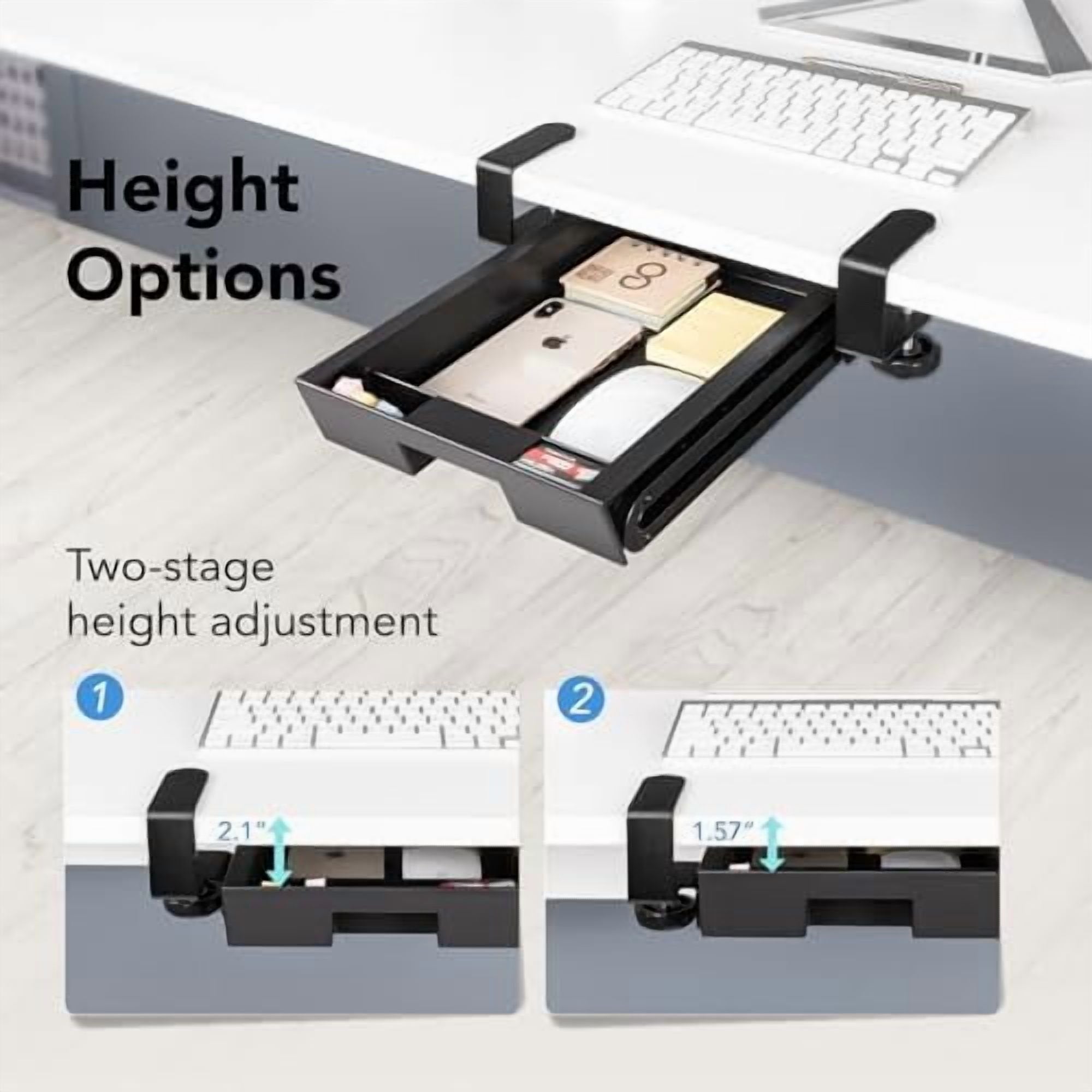 Under Desk Slide-Out Storage Drawer, Small Pull-Out Organizer with Adjustable C-Clamp Mount, Black Tray Q18935