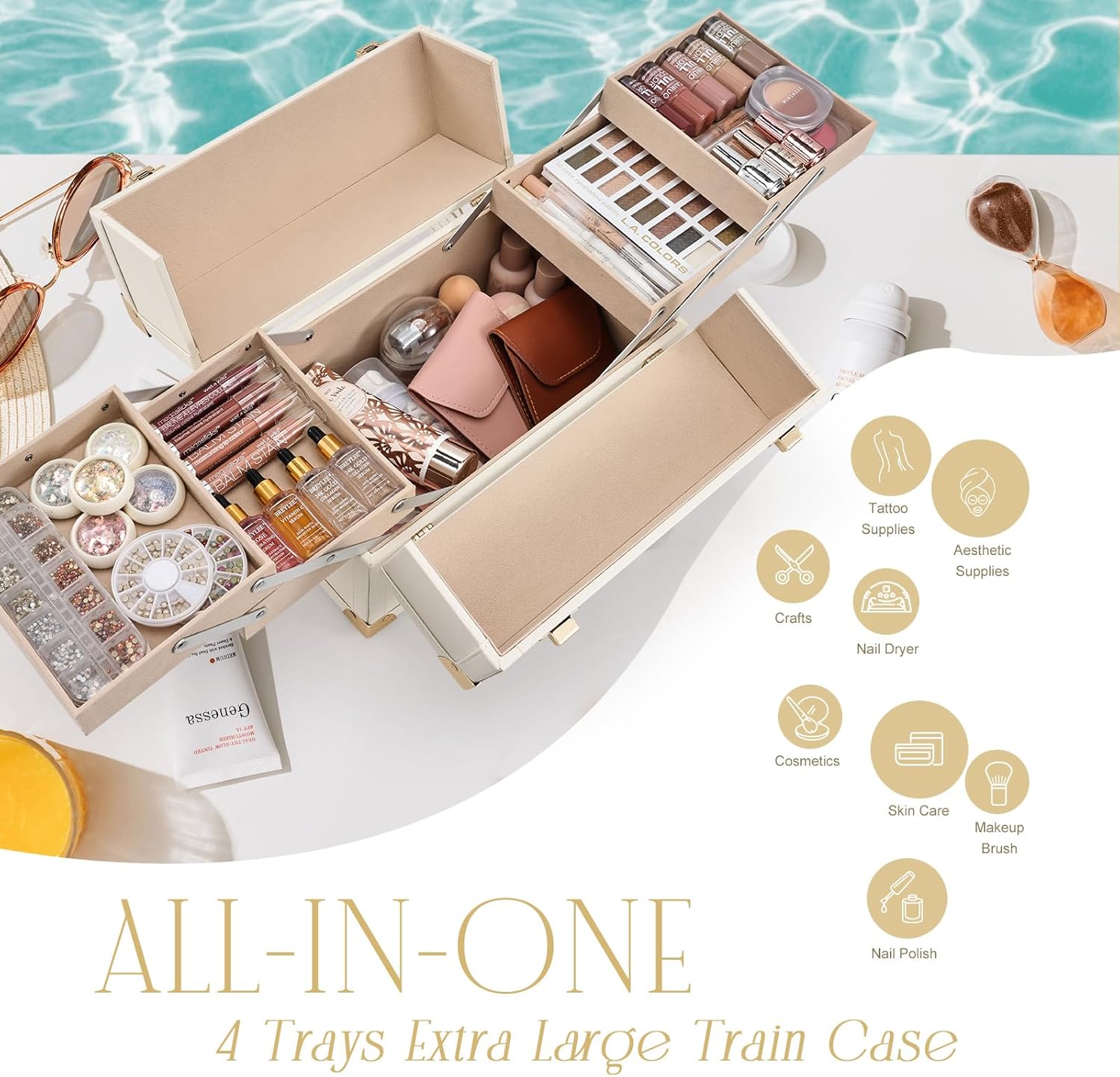 Large Portable Cosmetic Storage Box Organizer with 4 Trays R617848