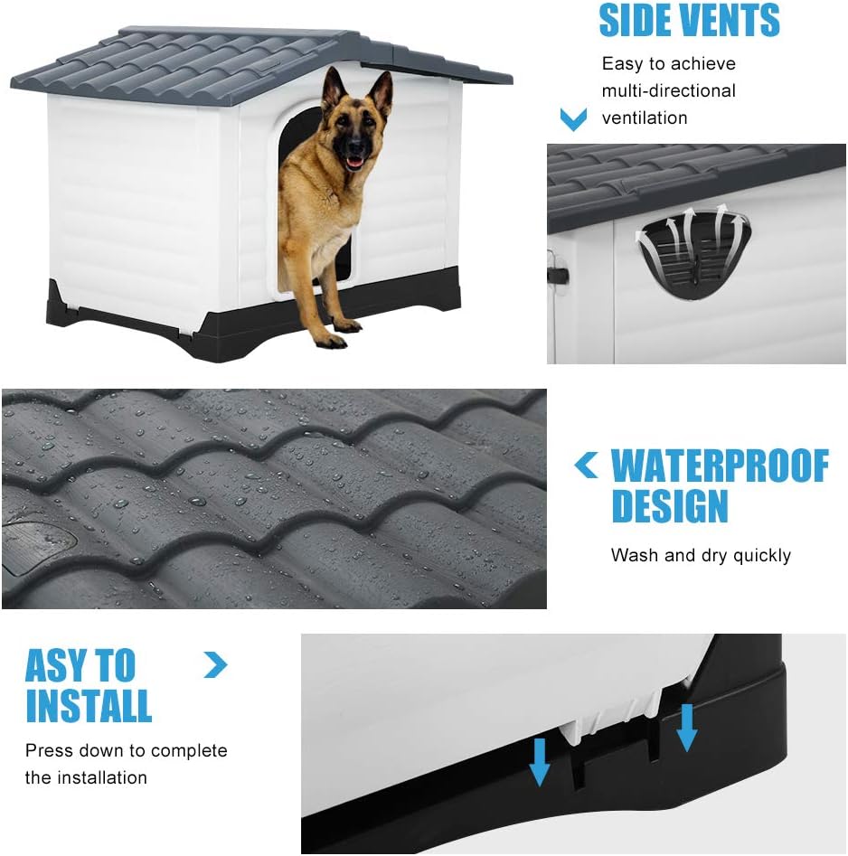 Large Dog House for Indoor Outdoor Use, Water Resistant Plastic Pet Kennel T205905