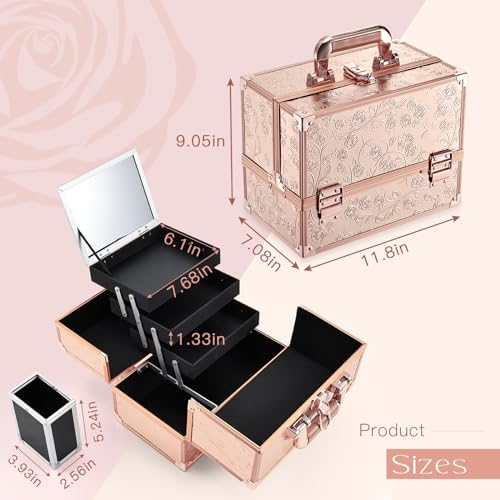 Makeup Train Case 11.8 Inch Extra Large with Mirror and 3 Trays E649