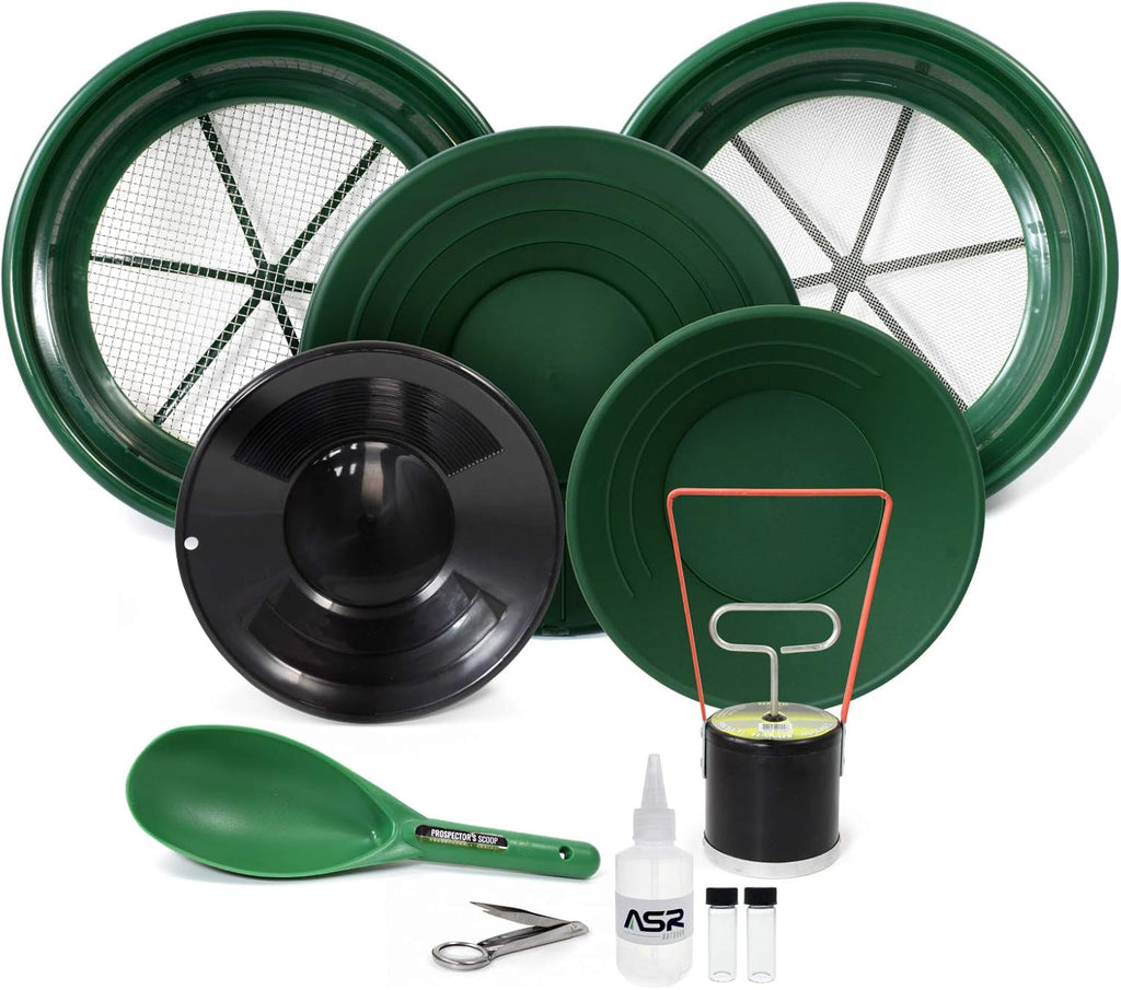 ASR Outdoor 11pc Gold Rush Gold Prospecting Kit 1/4 & 1/2 Coarse Classifier Screen, Vials, Dual Riffle Gold Pans