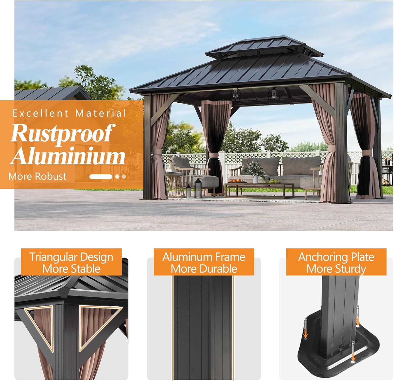 Outdoor Hardtop Gazebo with Double Roof and Netting D864