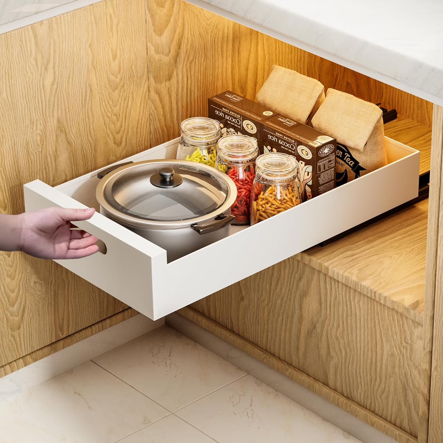 1 Pack | 21Deep Pull Out Cabinet Organizer Adhesive, 10-Inch Wide Sturdy Carbon Steel Roll-Out Drawers for Face Frame or Frameless Cabinets,Slide-Out Shelves for Pantry.