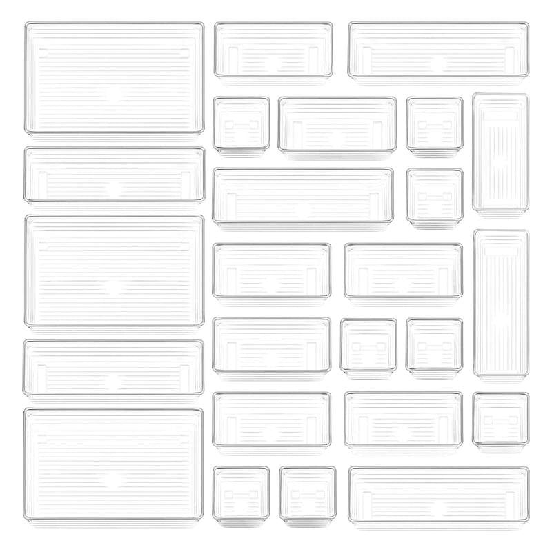 25 Pcs Drawer Organizer Storage Trays For Makeup, Kitchen, Bedroom, Office, Desk, Versatile Plastic Clear Drawer Organizer. Boxes