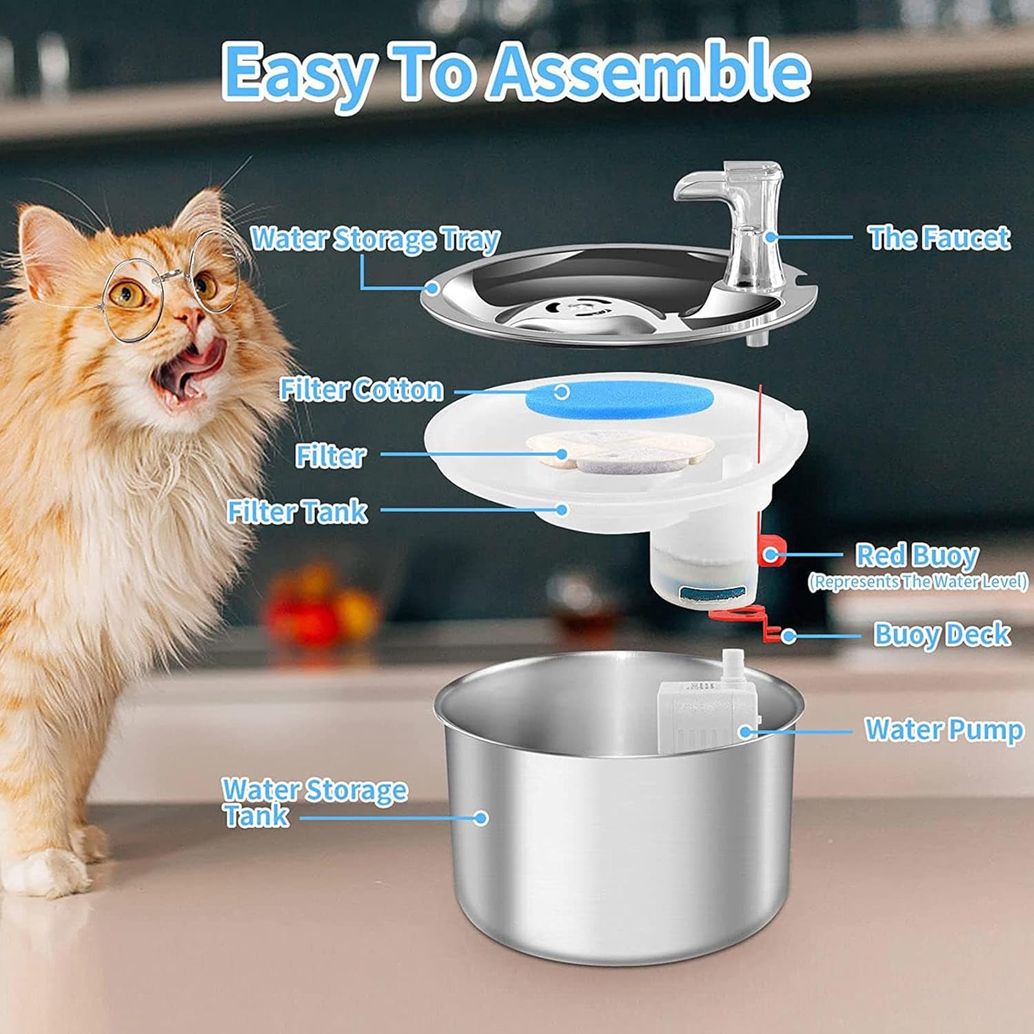 Stainless Steel Pet Water Fountain, 2L, Adjustable Flow, Quiet D510