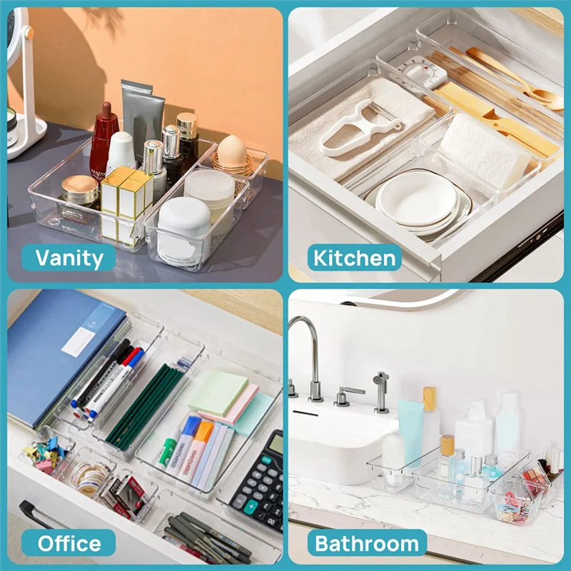Clear Plastic Drawer Organizer Set 4-Size Bathroom Vanity Trays A87020