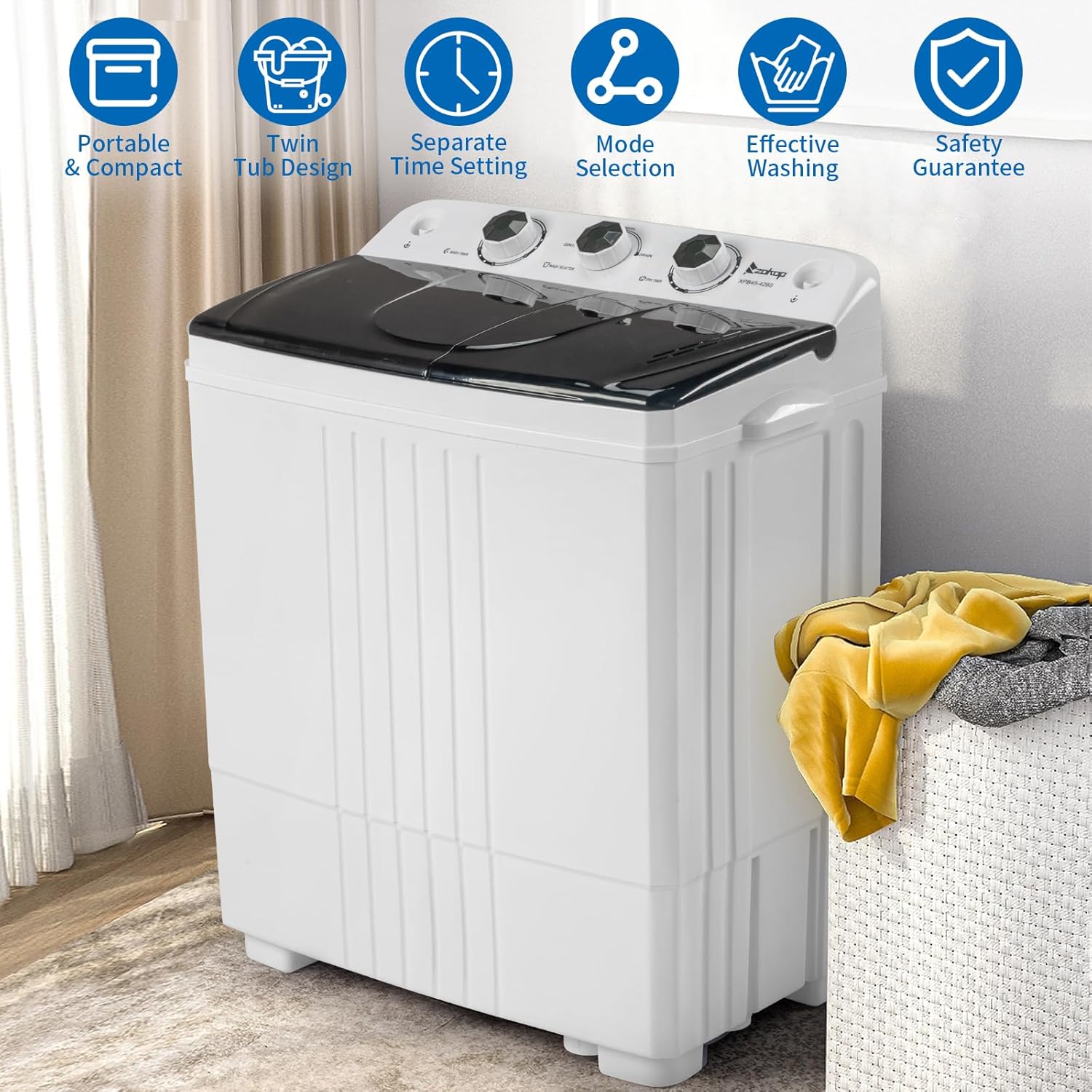 Portable Compact Twin Tub Washer with Spin Cycle and Gravity Drain T425