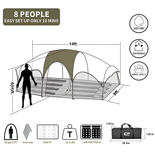 8 Person Camping Tent, Weather Resistant Family Tent with Mesh Windows and Carry Bag Q354
