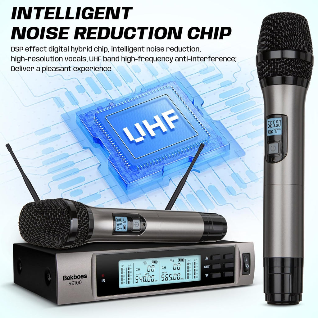 Dual Dynamic Handheld UHF Wireless Microphone System, 492ft Range for Karaoke, Meetings, Parties W212897