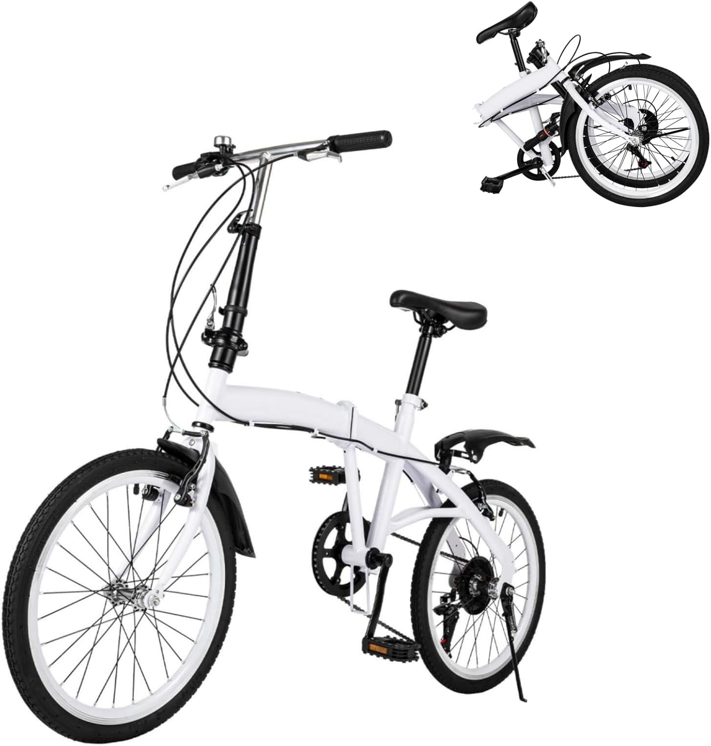 20 Inch folding bike 6-Speed Folding Bicycle Adjustable Seat Adult Bike with Dual Brake Portable Adult Bicycle for Travel and Workout (White)