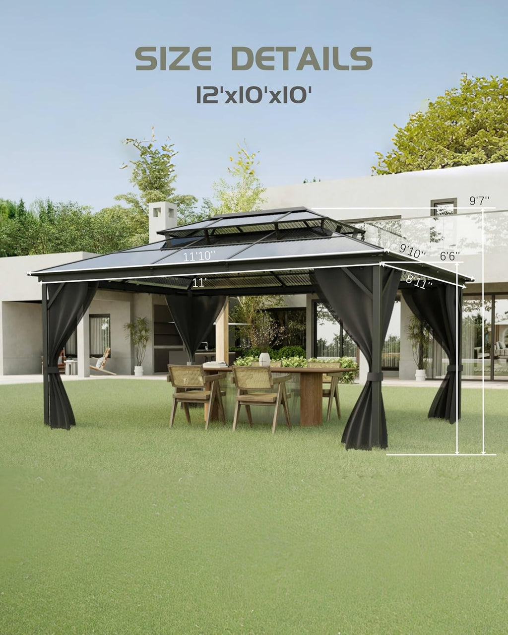 Hardtop Gazebo 10x12 with Polycarbonate Roof, Aluminum Frame, Net and Curtain A23930