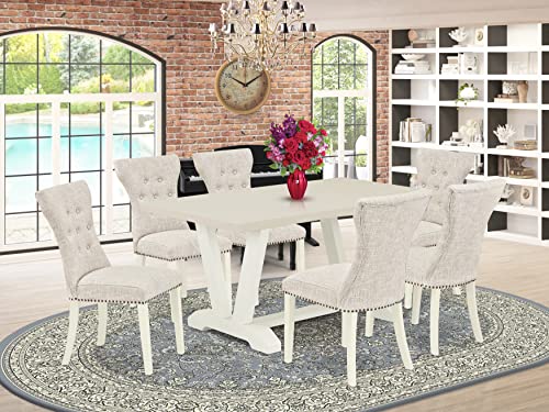 East West Furniture V-Style 7 Piece Set Consist of a Rectangle Dining Room Table with V-Legs and 6 Doeskin Linen Fabric Upholstered Chairs, 36x60 Inch, V096GA235-7