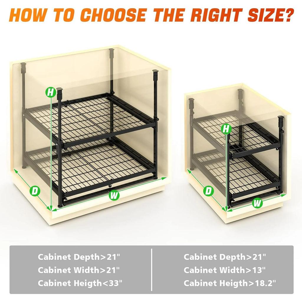 2 Tier Pull Out Cabinet Organizer, Expandable 13-21 Inch Wide, No-Drill Slide Out Drawers S625232