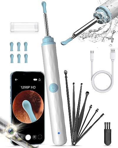 Ear Wax Removal Camera, Ear Cleaner 1296P HD Camera, Ear Cleaning Kit with 8pcs Ear Set, Wireless WiFi Otoscope with 6 Lights, Rechargeable Earwax Removal Tool Kit for Adult & Kid(Black)