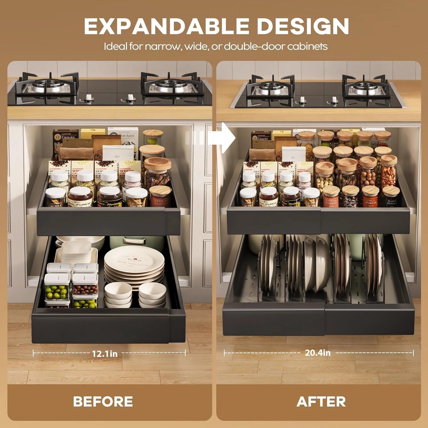 Pull Out Cabinet Organizer 21" Deep with Expandable Slide Out Drawers X178125